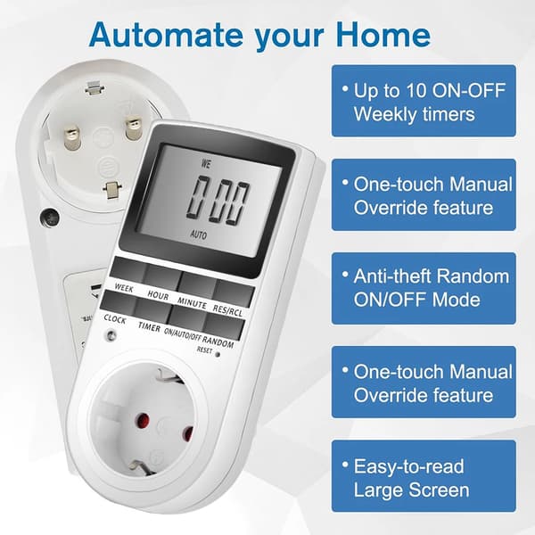 Digitalt timerstik - EU-stik timer - 12/24 t - Programmerbar - LCD-display - 2-pak