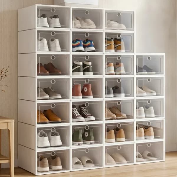 Skoopbevaring - 26-dels skotasker - Stabelbare - Foldbare - Transparent plast - Frontlåge - Udstillingsopbevaring