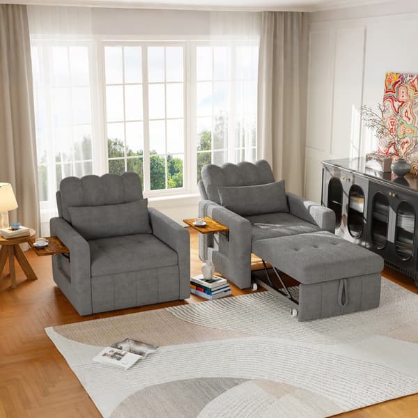 3-i-1 bäddsoffa - Enkelsäng - Utdragbar - Fällbart bord - Sidofickor - Chenille - Grå