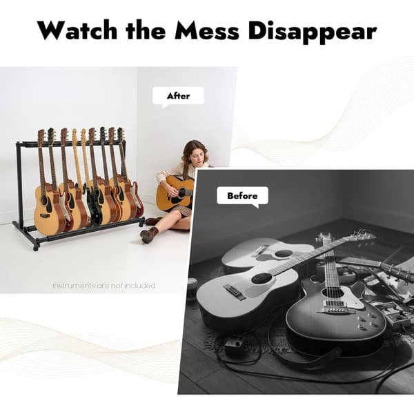 Gitarrställ - Fällbart gitarrack med 9 platser - Stålram - Skumskyddade hållare - För elgitarr och bas - Svart