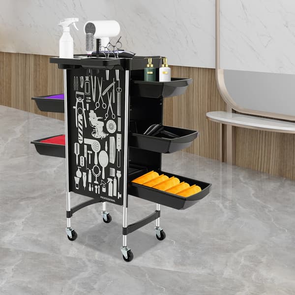 Frisørvogn - Rektangulær Salonvogn - 6 Niveauer - 5 Udtræksskuffer - 36×90 cm Plast - Sort