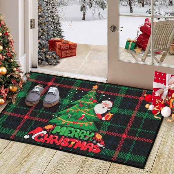 Jule-dørmåtte - Skridsikker dørmåtte - Vaskbar - 100 % polyester - Til inde og ude - 40 x 60 cm - Sortgrønternet
