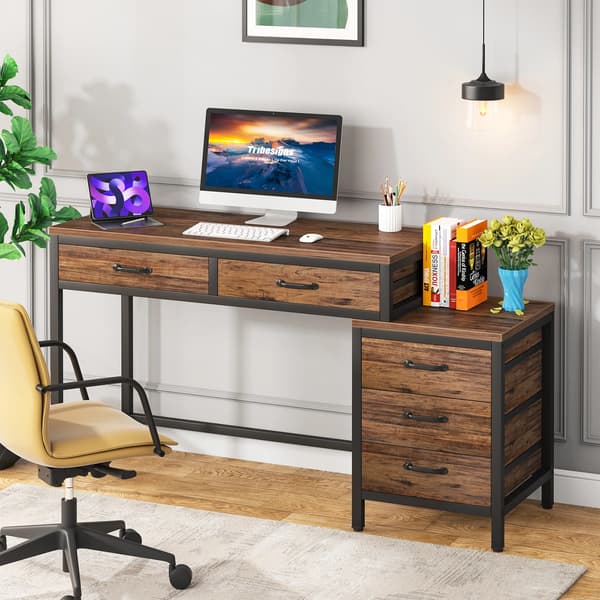 Computerbord - Skrivebord 150×50 cm - 3 skuffer - Vendbare skuffer - Industriel arbejdsstation - Rektangulær - Rustic Brown 02