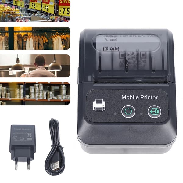Mobil 58 mm termokvitteringsprinter - PT-280 POS-printer - Bluetooth og USB - Til Android iOS Windows - 1500 mAh batteri - EU-stik - Sort