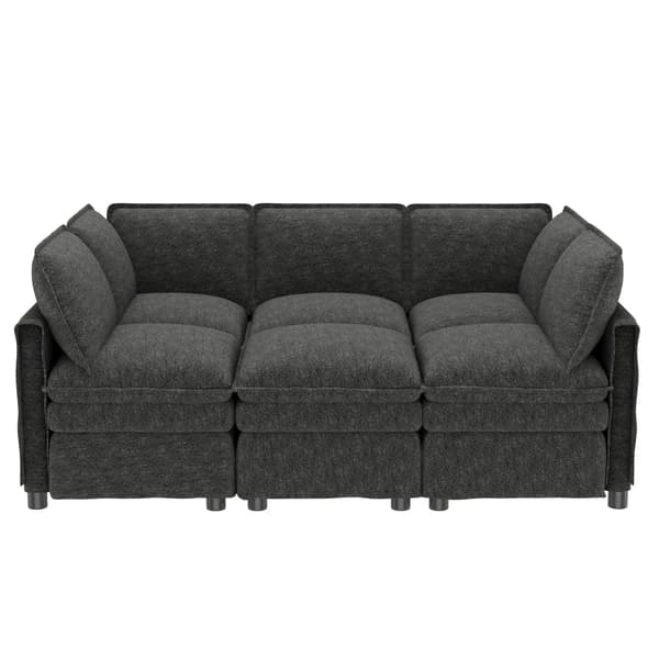 Modulär 6-sitsig hörnsoffa - L-formad - Sovfunktion - Flyttbar pall - Chenilleklädsel - Modern - Grå