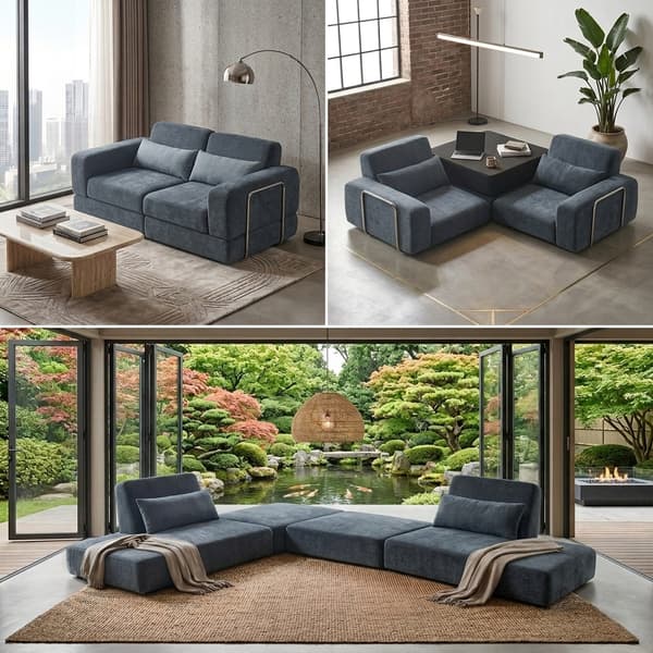 Fällbar bäddsoffa - Modulär L-formad design - 4-i-1 - 1,8 m - Kuddrygg - Mörkblå