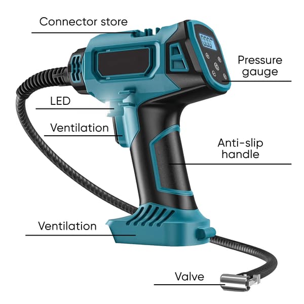 Trådlös luftpump - Bildäckskompressor - Digital display - Set med 2 batterier - Batterisystem 18V - Bärbar - Svart