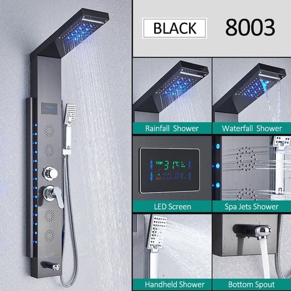 LED brusepanel 8003 - Regn og vandfald - Kropsmassage-dyser - Temperaturdisplay - 3 greb - Rustfrit stål - Sort