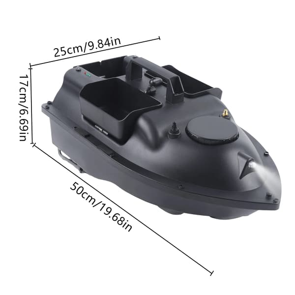 Fjernstyret RC agn-/foderbåd - Rækkevidde 500 m - Last 2 kg - LED-natlygte - ABS - Sort