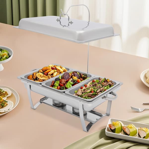 Chafing Dish Buffet - Serveringsvarmer - 3 x 3 L Bakker - 410 Rustfrit Stål - Rektangulær - Sølv