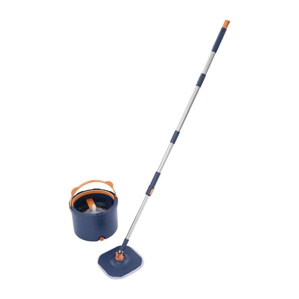 360° Spinmoppe & Spand - Spin Moppesæt - Dobbelt Rent/Snavset-Vand - Selvseparerende System - Skaft i Rustfrit Stål - Moppe i Polyester - Blå