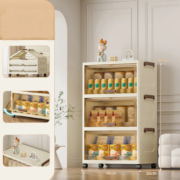 Förvaringsskåp - 3 våningar - 48 cm brett - Hopfällbart - Flipplock - Transparent panel - PP-plast