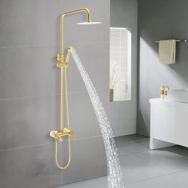Brusersystem - Vægmonteret brusersæt - Højdejusterbar 80–117 cm - Regnbruser + håndbruser - 20 cm brusehoved - Rustfrit stål - Guld