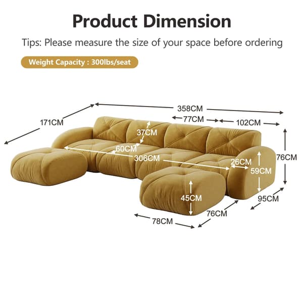 Modulær sofa til stuen - Sofasæt i chenille - 2 matchende puffer - Moderne design - Skal samles - Gul
