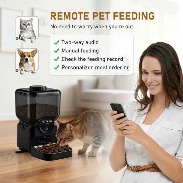Automatisk kattefoderautomat - Smart WiFi foderdispenser - App-styring, Kamera, Kapacitet 6,5 L, Genopladelig, Rustfrit stål - Sort
