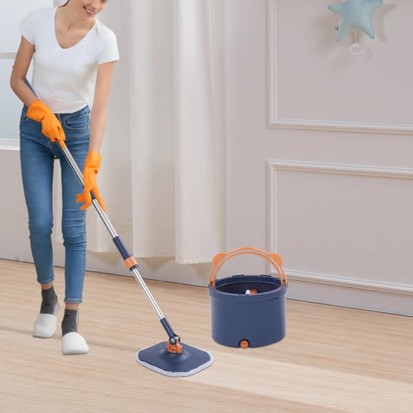 360° Spinmoppe & Spand - Spin Moppesæt - Dobbelt Rent/Snavset-Vand - Selvseparerende System - Skaft i Rustfrit Stål - Moppe i Polyester - Blå