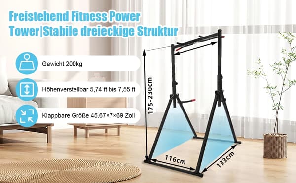 Power Tower - Chins- och dipsstation - Fällbar - Höjdjusterbar 175–230 cm - Max 200 kg - Triangulär bas - Multifunktionell styrketräning - Svart