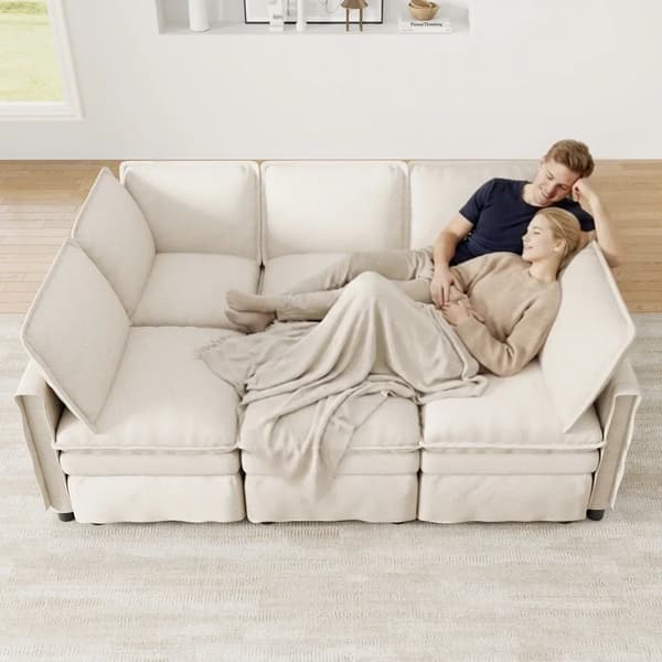 Modulär soffa - L-formad hörnsoffa - Sovfunktion - 6-sits - Chenille - Modern stil - Beige