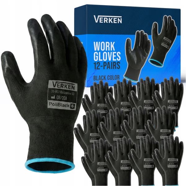 Arbejdshandsker - PU-belægning - Polyester - Strikkede - Præcisionsgreb - 12 par - Sorte, størrelse M