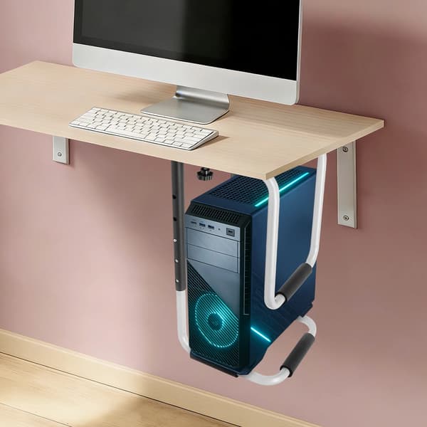 Justerbart PC-stativ under bord - Computerkasseholder - 30–60 cm bredde - 27 kg bæreevne - skrueløs montering - hvid