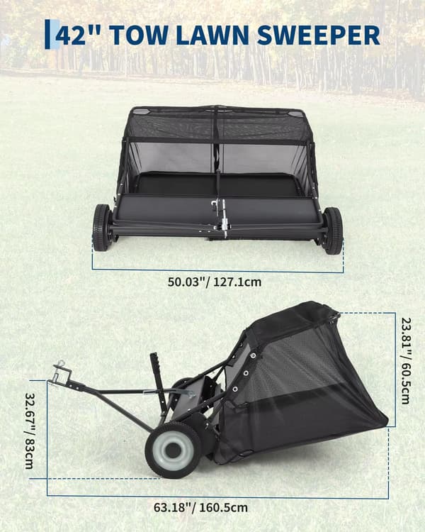 Græsopsamler til plæne - Bugseret græs- og løvsamler - 107 cm - Metal - Sort
