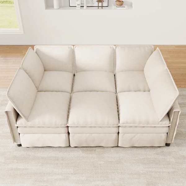 Modulär soffa - L-formad hörnsoffa - Sovfunktion - 6-sits - Chenille - Modern stil - Beige
