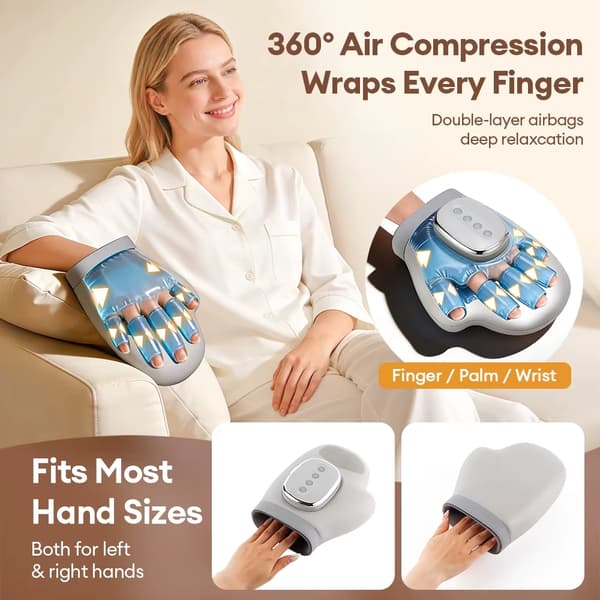 Massagehandske - Håndmassager - Luftkompression - Æltning - Vibration - USB-C - Hvid