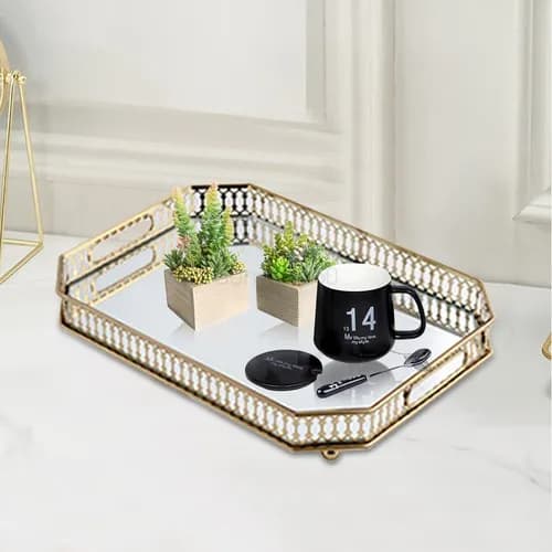 Rektangulär bricka/serveringsfat - Metall med glasyta - 35×25 cm - Smycke- och makeupförvaring - Vardagsrum & sovrum - Guld