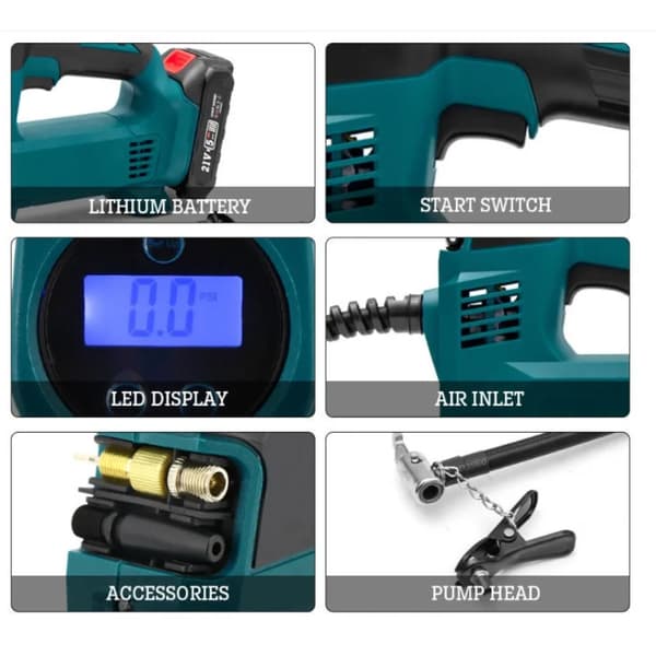 Trådlös bildäckspump - 21 V luftpump - 120 PSI - Digital display - LED-belysning - Dubbla batterier