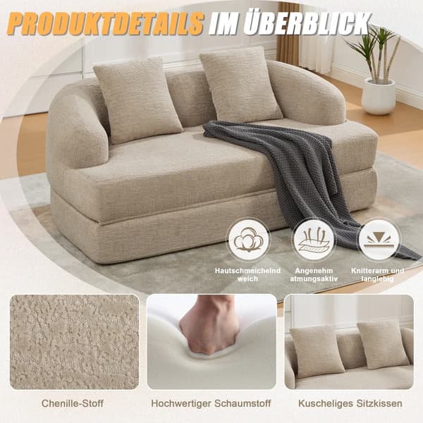 2-i-1 bäddsoffa - 2-sitsig - Utfällbar dubbelsäng - 2 kuddar - Chenille - Modern - Khaki