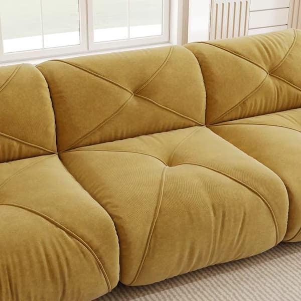 Modulær sofa til stuen - Sofasæt i chenille - 2 matchende puffer - Moderne design - Skal samles - Gul