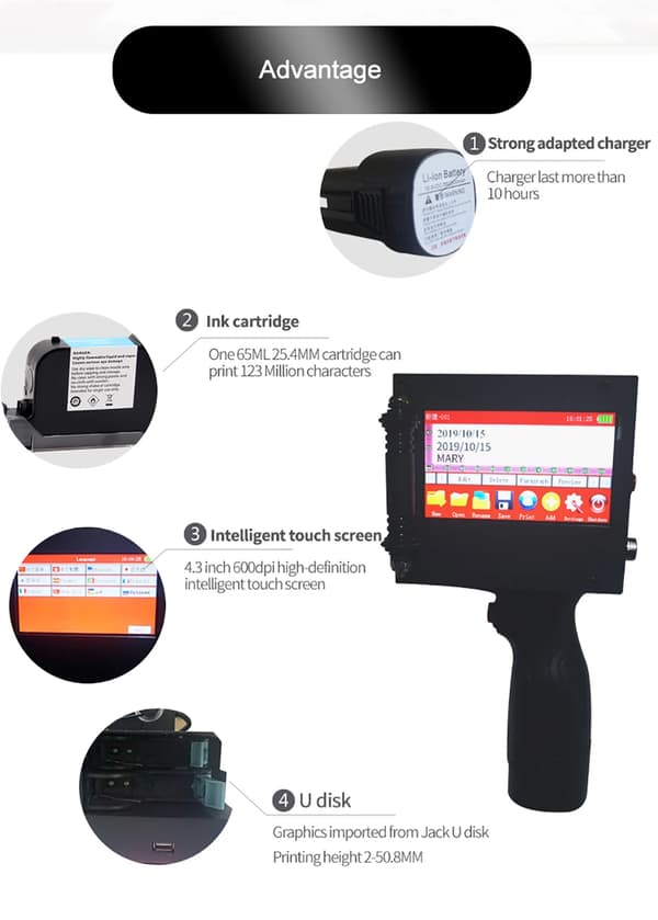 Håndholdt inkjetprinter - 620-2C - 50,8 mm mærkning til dato, batchnumre, QR-/stregkoder - Let bærbar - Uden blæk