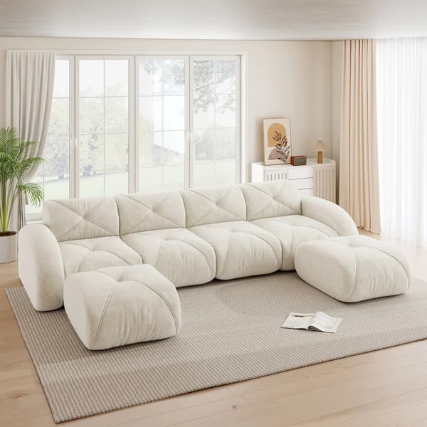 Modulär U-formad 4-sitssoffa - Vardagsrumssoffa - 2 Matchande Pallar - Chenilletyg - Modern Stil - Montering Krävs - Vit