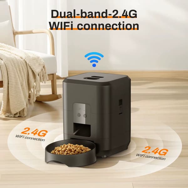 Automatisk kattefoderautomat - Foderdispenser - WiFi - Tidsindstilling - Portionskontrol - LCD-display - Genopladelig - Sort