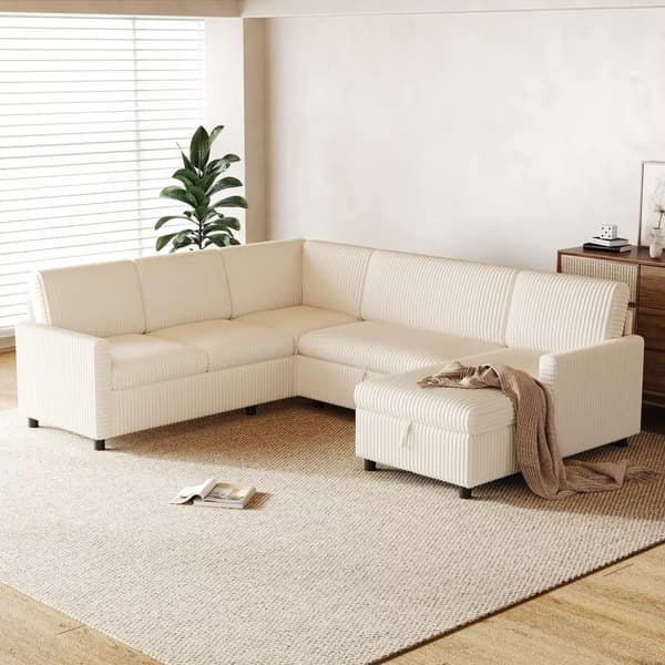 Hörnsoffa - Bäddsoffa - U-formad - 5 Sitsar - Manchestertyg - Utdragbar Sovfunktion - Dold Förvaring - Beige