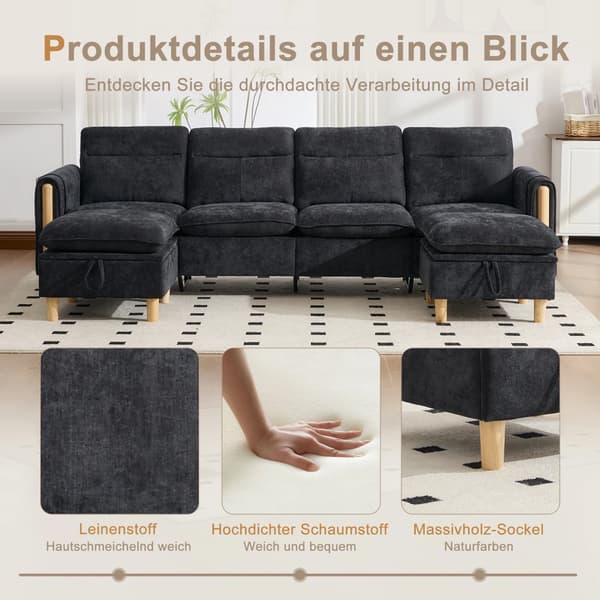 Modulær U-formet chenillesofa - 4 siddepladser - 2 opbevaringspuffer - Træramme - Moderne stil - Skal samles - Sort