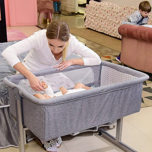 Baby Co-sleeper - Sideseng Babyseng - Højdejusterbar - God Luftcirkulation - Med Madras - Grå