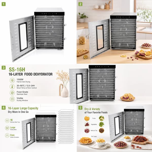 Fødevaredehydrator - Madtørrer SS-16H - 1350 W - 16 Bakker - Rustfrit Stål - 30–90 °C - 24 Timers Timer - Digital Touchskærm