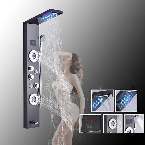 LED Brusepanel - Rainfall Brusesystem med Digital Temperaturdisplay - 4 Kropsmassagejets - 3 Greb - Rustfrit Stål - Sort 8006