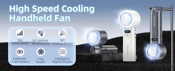 Minihåndventilator - USB-genopladelig - LED-display - Sammenfoldelig - Hurtigkølende - Til rejser og camping - Sort