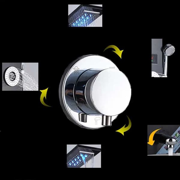 LED Brusepanel - Rainfall Brusesystem med Digital Temperaturdisplay - 4 Kropsmassagejets - 3 Greb - Rustfrit Stål - Sort 8006