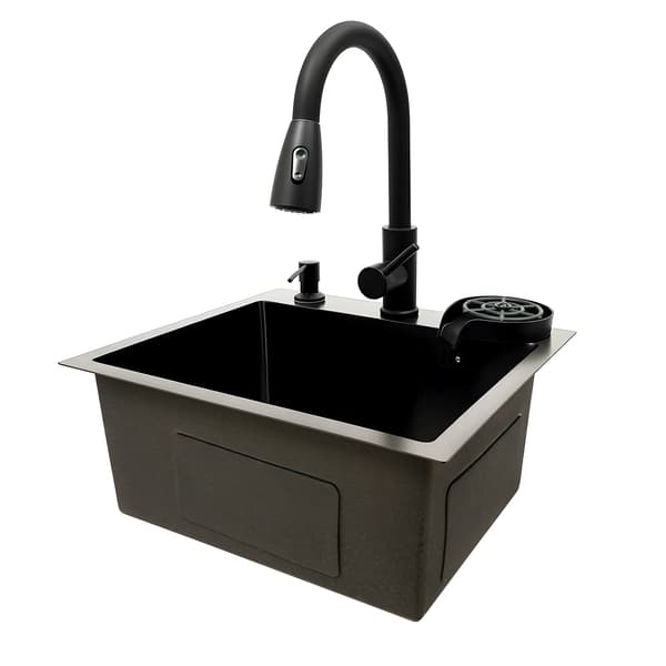 Køkkenvask 45×40 cm - Enkeltskåls rustfri stålvask workstation - Udtræksarmatur 40 cm - Plan/underlimet montering - Rektangulær kumme - Sort