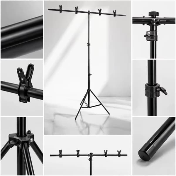 T-formet baggrundsstativ - Robust metalkonstruktion - Højdejusterbart 70–200 cm - Pladsbesparende - Sort