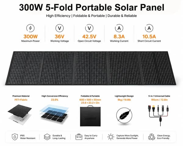 300W bærbart solpanel - Foldbart solcellepanel sæt - Vandtæt - Soloplader til power station - Til camping & udendørs brug - Sort