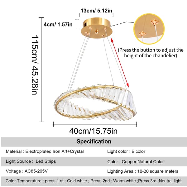 Krystalloftslampe - MS142-D40 - 40 cm - LED-belysning - Planmontering - Moderne Design - Skiftende Lysfarve - Guld