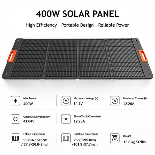 Bærbart solpanel - 400 W solpanel - Foldbart - Justerbart støtteben - IP68-vandtæt - 34,2 V - 16,8 kg