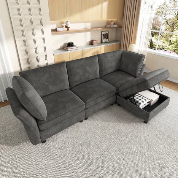 Modulär Molnsoffa - L-formad Hörnsoffa - 3 Sitsar - Chenilleklädsel - Förvaringspall - Modern Stil - Grå