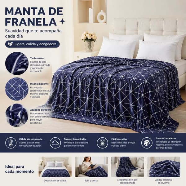 Geometrisk flanneltæppe - Senge- og sofatæppe - Let - Åndbart - 100 % Polyester - Trykt Mønster - Marineblå - 130 x 160 cm