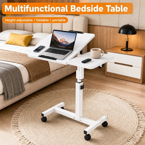 Rullbart laptopbord - Mobilt ståbord - Höjdjusterbart - Vinklingsbart 180° - Säkerhetskant - Med hjul - Vit