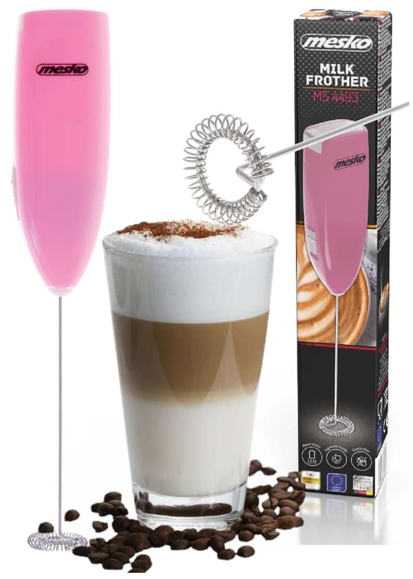 Mælkeskummer - Håndholdt skummer - 2 AA-batterier - Rustfrit stål - Til cappuccino og matcha - Lyserød